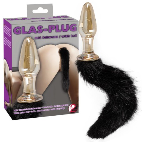 rosu, Dop Anal Din Sticla Cu Coada De Blana, Auriu, 12 Cm, pasiune.ro