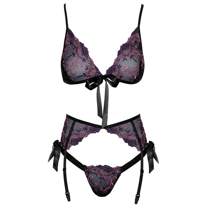 Set 3 Piese Lenjerie Kissable Cu Broderie Negru Cu Insertii Mov 4