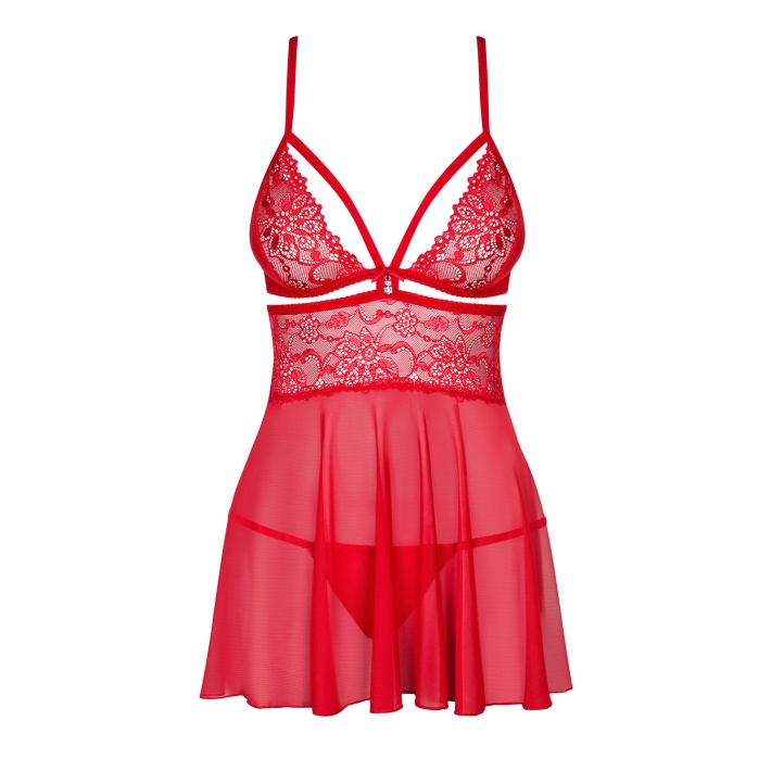 Babydoll Sexy Cu Dantela Si Chilotei String, Rosu, S/m 9