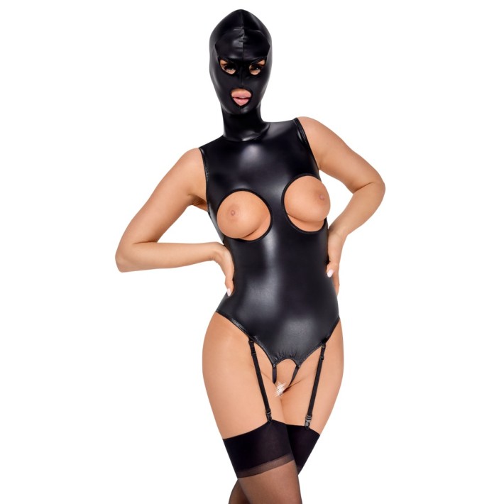 Body Crotchless Din Piele Vegana Cu Masca Si Portjartier Bad Kitty 2