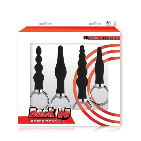 inele, Kit Dopuri Anale Silcon Cu Inele Metalice Back Up, Negru, 4 Buc., pasiune.ro