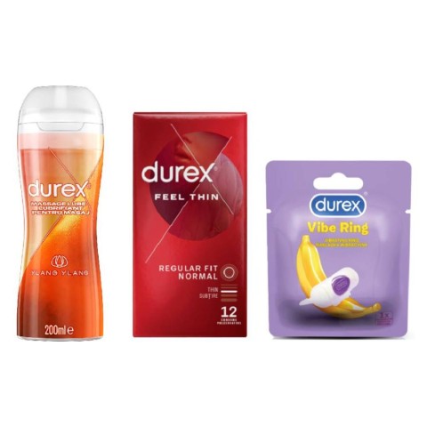 , Pachet Durex Prezervative Feel Thin 12 Bucati + Inel Vibrator + Lubrifiant Masaj Senzual 200 Ml , pasiune.ro