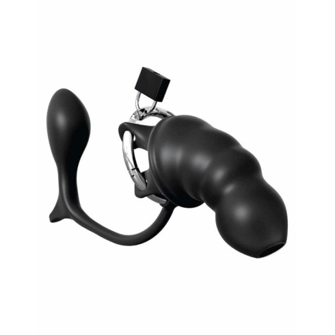 dop, Cusca Pentru Penis/ Dispozitiv De Castitate Cu Dop Anal Ass-gasm Cock Blocker, Negru, pasiune.ro