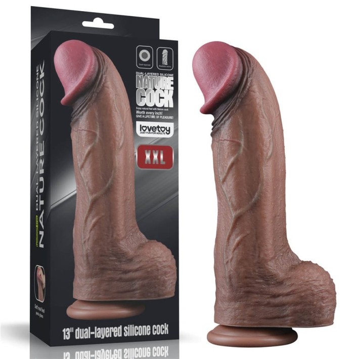 Dildo Realistic Dual Layered Silicone Cock Xxl, Brun, 33 Cm 8