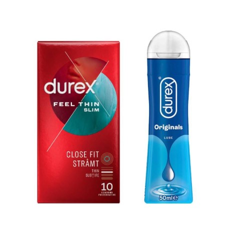 , Pachet Durex Prezervative Slim Fit 10 Bucati + Lubrifiant Originals 50 Ml , pasiune.ro