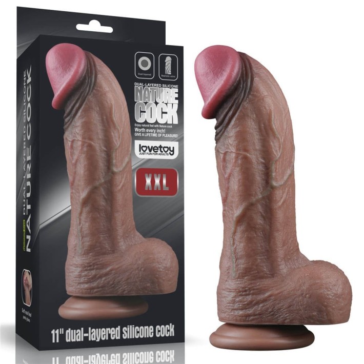 Dildo Realistic Dual Layered Silicone Cock Xxl, Brun, 28 Cm 11