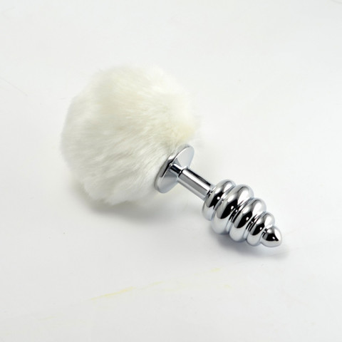 Bile Anale, Dop Anal Metalic Spirala Cu Pompon, Alb, 7 Cm, pasiune.ro