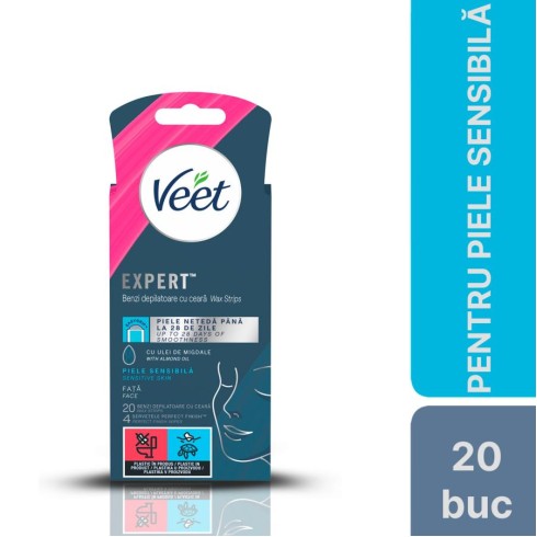 bila, Benzi De Ceara Depilatoare Veet Pentru Fata, Piele Sensibila, 20 Benzi, pasiune.ro