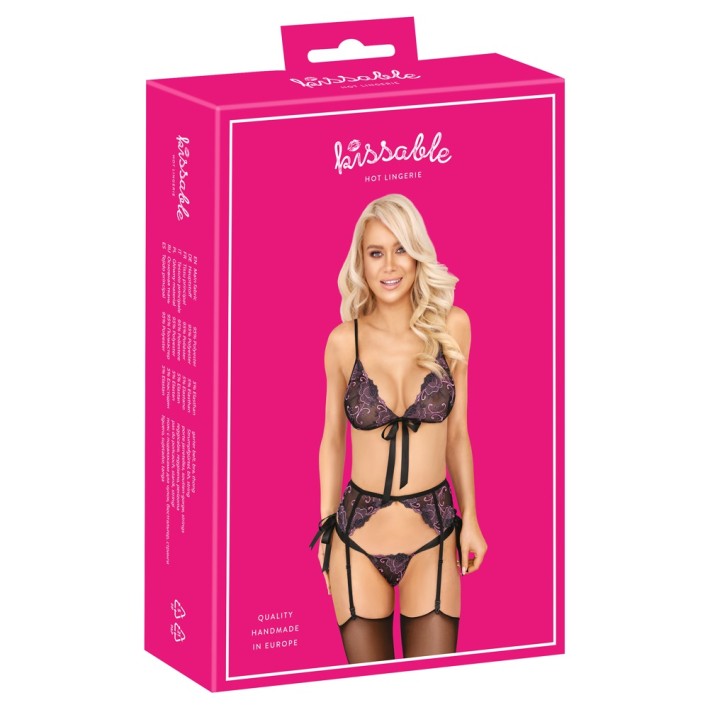 Set 3 Piese Lenjerie Kissable Cu Broderie Negru Cu Insertii Mov 3
